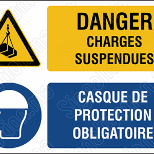 Danger charges suspendues, casque de protection obligatoire
