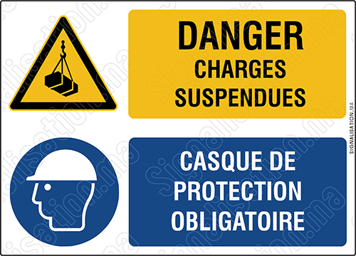 Danger charges suspendues, casque de protection obligatoire